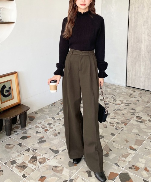 LOULOU select(ルルセレクト)の「ウールライク起毛ツータックセミワイドパンツ(その他パンツ・レディース・チャコールグレー/ブラック/ブラウン・M/S/L)」の5枚目の写真