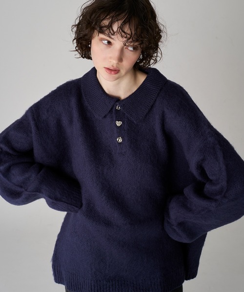SILVER BUTTON SHAGGY KNIT POLO / シルバーボタンシャギー