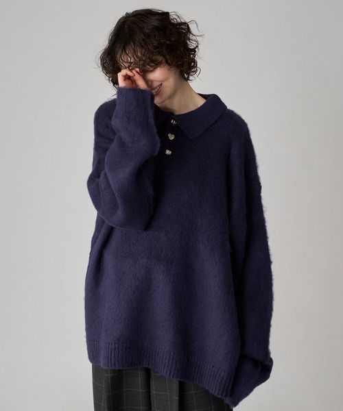 【ONCILY】シルバーボタンシャギーニットポロ SILVER BUTTON SHAGGY KNIT POLO / シルバーボタンシャギー