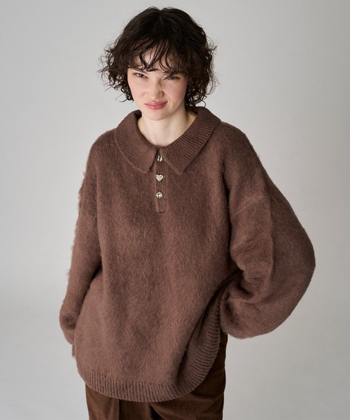 【ONCILY】シルバーボタンシャギーニットポロ SILVER BUTTON SHAGGY KNIT POLO / シルバーボタンシャギー