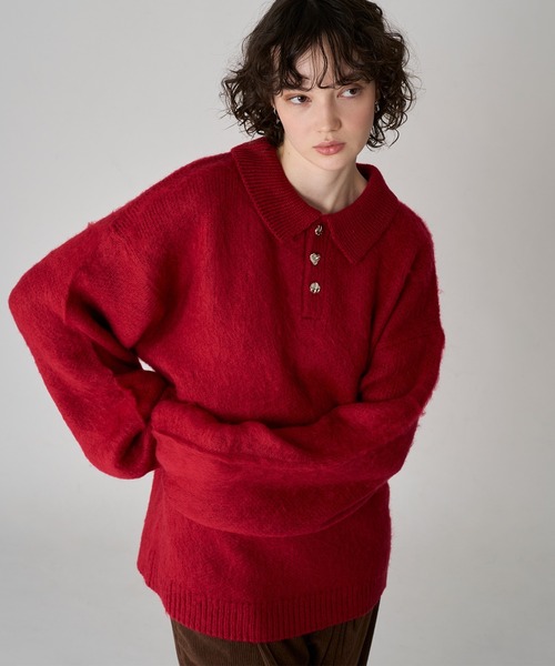ONCILY（オンシェリー）の「SILVER BUTTON SHAGGY KNIT POLO  / シルバーボタンシャギーニットポロ（ニット/セーター・メンズ・ブラック/ネイビー/レッド/ブラウン・SMALL/LARGE/MEDIUM）」の18枚目の写真