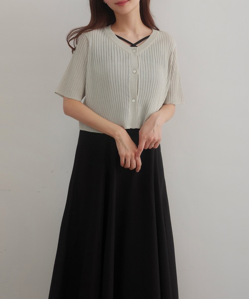 セール】シアー半袖リブカーディガン＋リネンフレアキャミ