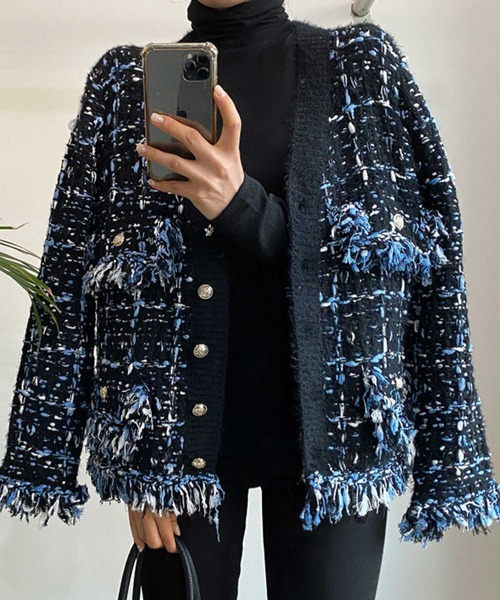 ツイード風フリンジニットカーディガン（カーディガン/ボレロ）｜Sawa a la mode（サワアラモード）