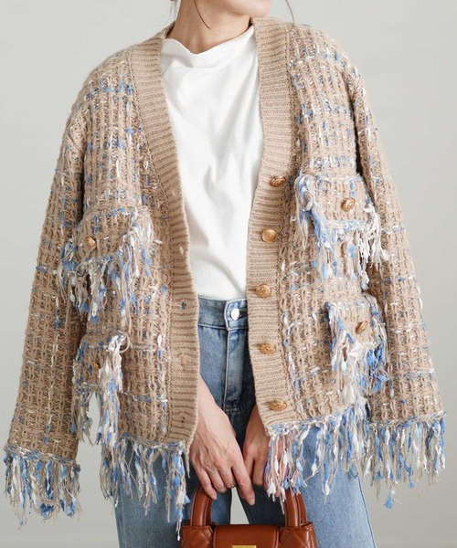 Sawa a la mode（サワアラモード）の「ツイード風フリンジニットカーディガン（カーディガン/ボレロ・レディース・ブラック/モカ・FREE）」の2枚目の写真