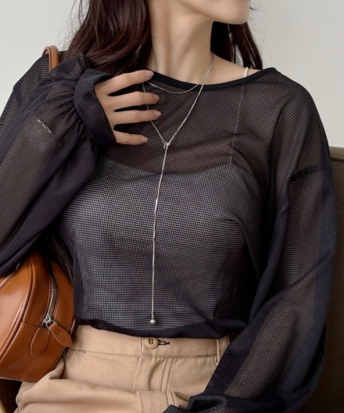 TREOVER(トレオーバー)の「スタイルアップ効果もあるショート丈♪ ドロストメッシュプルオーバー(Tシャツ/カットソー・レディース・ブラック/アイボリー・FREE)」の1枚目の写真