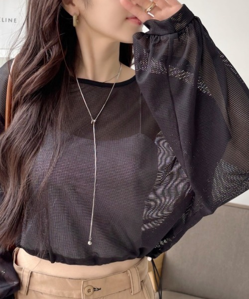 TREOVER(トレオーバー)の「スタイルアップ効果もあるショート丈♪ ドロストメッシュプルオーバー(Tシャツ/カットソー・レディース・ブラック/アイボリー・FREE)」の3枚目の写真