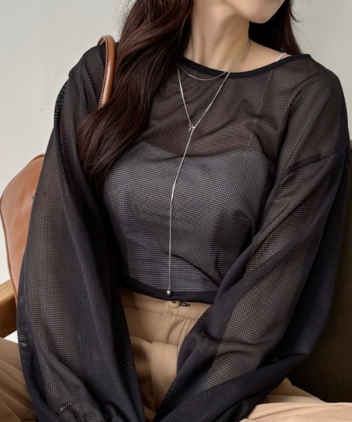 TREOVER(トレオーバー)の「スタイルアップ効果もあるショート丈♪ ドロストメッシュプルオーバー(Tシャツ/カットソー・レディース・ブラック/アイボリー・FREE)」の5枚目の写真