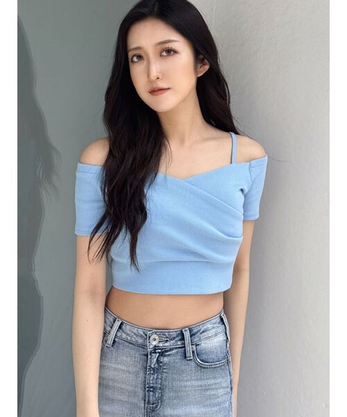 GYDA（ジェイダ）の「ハーフスリーブカシュクールオフショルショートトップス（Tシャツ/カットソー・レディース・ブラック/オフホワイト/スカイブルー・FREE）」の5枚目の写真