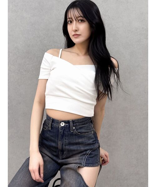 GYDA（ジェイダ）の「ハーフスリーブカシュクールオフショルショートトップス（Tシャツ/カットソー・レディース・ブラック/オフホワイト/スカイブルー・FREE）」の10枚目の写真