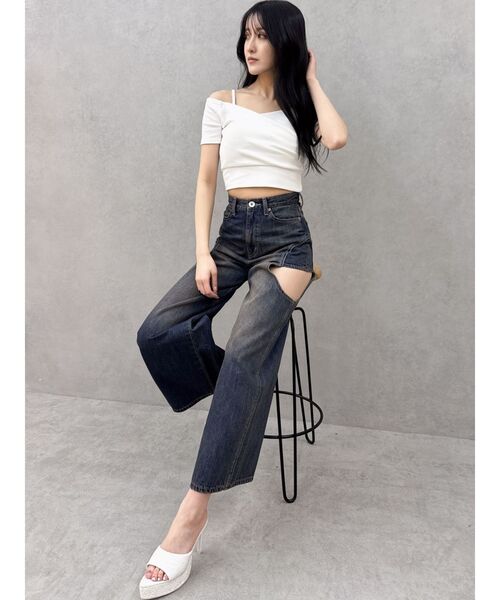 GYDA（ジェイダ）の「ハーフスリーブカシュクールオフショルショートトップス（Tシャツ/カットソー・レディース・ブラック/オフホワイト/スカイブルー・FREE）」の11枚目の写真