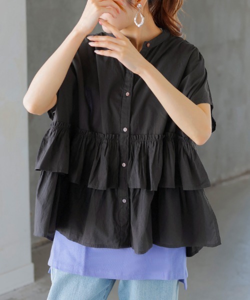 HUG.U(ハグユー)の「綿100% バンドカラーフリルシャツ(シャツ/ブラウス・レディース・オフホワイト/オリーブ/ブラック/モカ・FREE)」の15枚目の写真