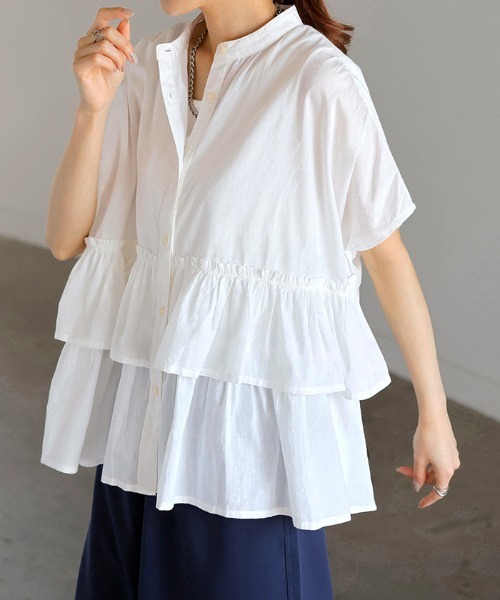 HUG.U(ハグユー)の「綿100% バンドカラーフリルシャツ(シャツ/ブラウス・レディース・オフホワイト/オリーブ/ブラック/モカ・FREE)」の12枚目の写真