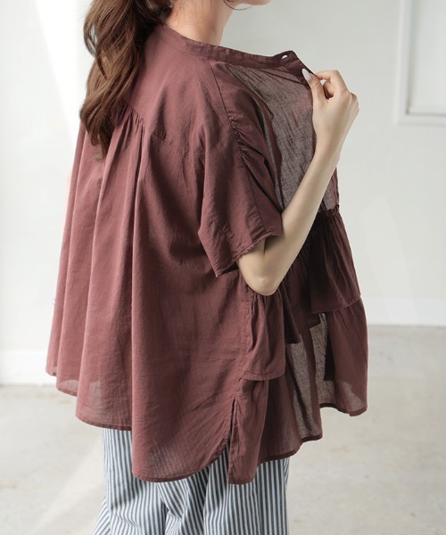 HUG.U(ハグユー)の「綿100% バンドカラーフリルシャツ(シャツ/ブラウス・レディース・オフホワイト/オリーブ/ブラック/モカ・FREE)」の8枚目の写真
