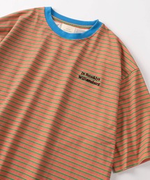 【81】ワンポイント刺繍 リンガーデザイン レトロボーダー Tシャツ/オーバーサイズ