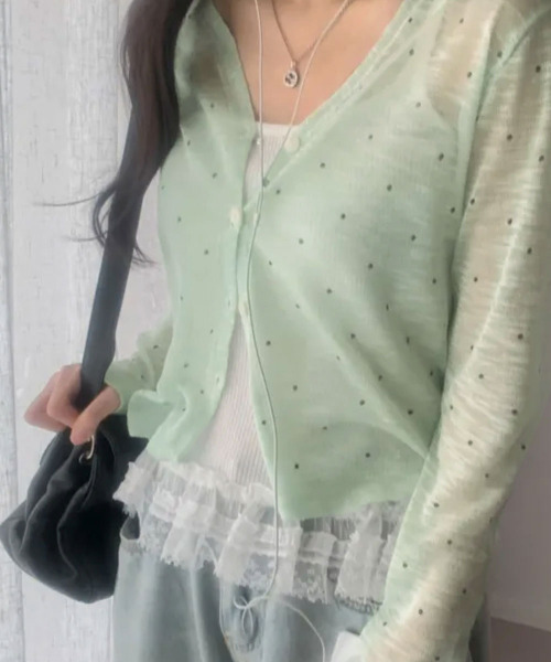 VIVID LADY（ビビッドレディー）の「ドット シアー ニットカーディガン（カーディガン/ボレロ・レディース・アイボリー/ブラック/ミント・FREE）」の3枚目の写真