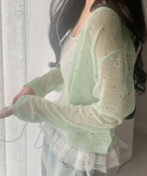 VIVID LADY（ビビッドレディー）の「ドット シアー ニットカーディガン（カーディガン/ボレロ・レディース・アイボリー/ブラック/ミント・FREE）」の6枚目の写真