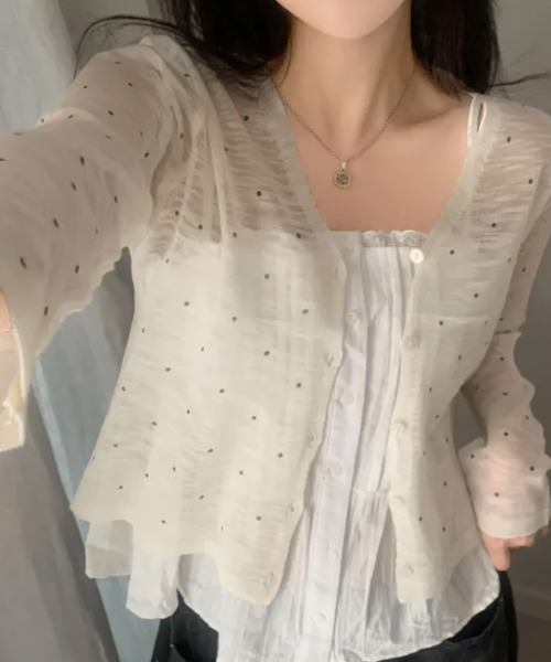 VIVID LADY（ビビッドレディー）の「ドット シアー ニットカーディガン（カーディガン/ボレロ・レディース・アイボリー/ブラック/ミント・FREE）」の7枚目の写真