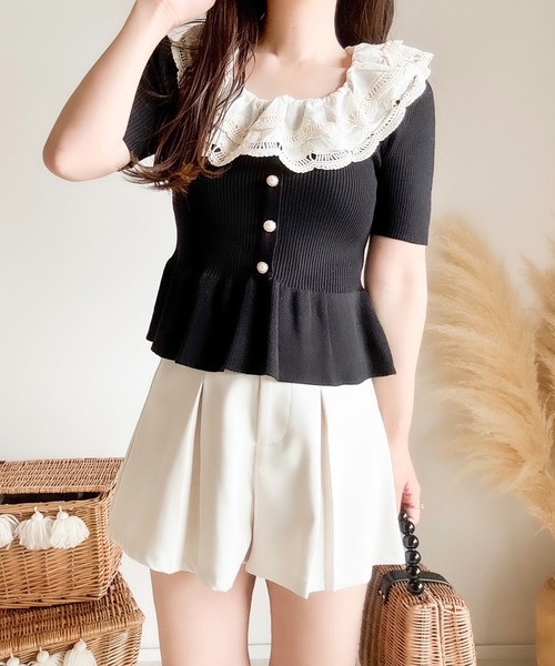 merrylatte（メリーラテ）の「エンブロイダリーレースペプラム半袖ニット（ニット/セーター・レディース・ブラック・MEDIUM）」の8枚目の写真