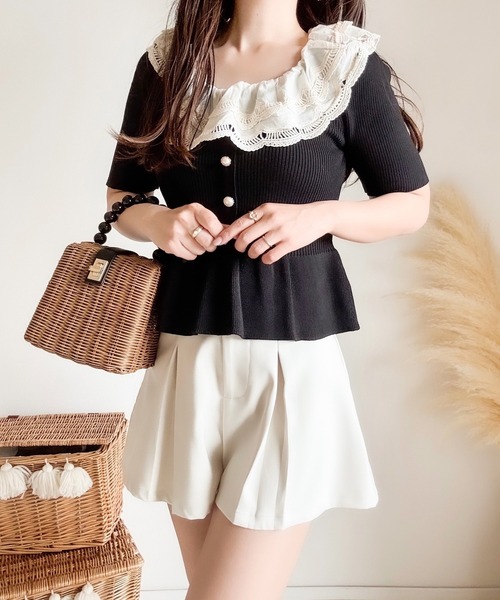 merrylatte（メリーラテ）の「エンブロイダリーレースペプラム半袖ニット（ニット/セーター・レディース・ブラック・MEDIUM）」の9枚目の写真