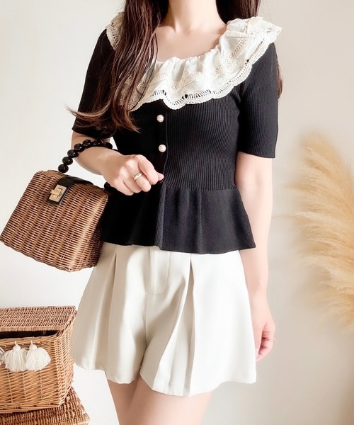 merrylatte（メリーラテ）の「エンブロイダリーレースペプラム半袖ニット（ニット/セーター・レディース・ブラック・MEDIUM）」の10枚目の写真