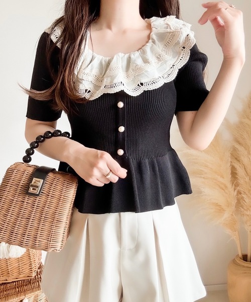 merrylatte（メリーラテ）の「エンブロイダリーレースペプラム半袖ニット（ニット/セーター・レディース・ブラック・MEDIUM）」の11枚目の写真