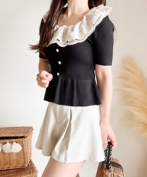 merrylatte（メリーラテ）の「エンブロイダリーレースペプラム半袖ニット（ニット/セーター・レディース・ブラック・MEDIUM）」の12枚目の写真