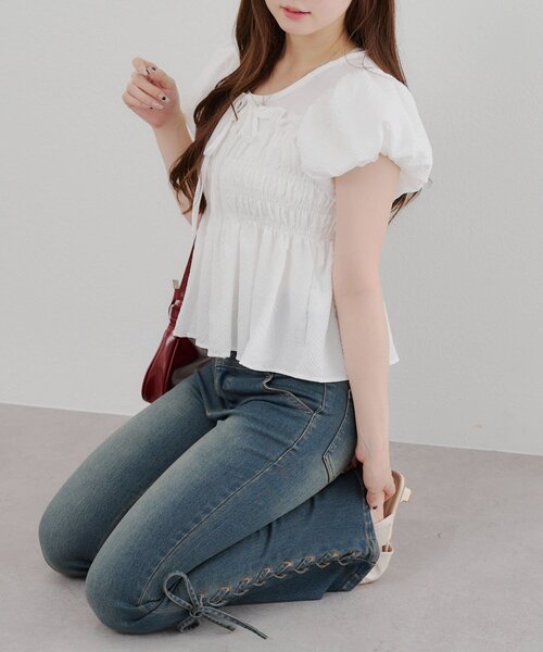 Another Branch olive des olive（アナザーブランチオリーブデオリーブ）の「シャーリングペプラムブラウス（シャツ/ブラウス・レディース・チェック/ブラック/オフホワイト/ドット・FREE）」の11枚目の写真