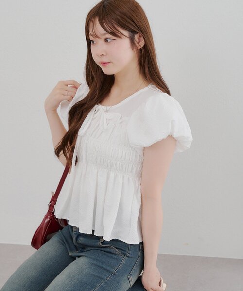 Another Branch olive des olive（アナザーブランチオリーブデオリーブ）の「シャーリングペプラムブラウス（シャツ/ブラウス・レディース・チェック/ブラック/オフホワイト/ドット・FREE）」の10枚目の写真