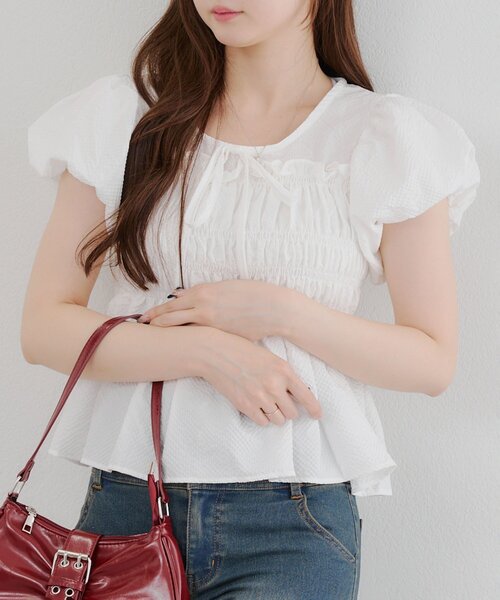 Another Branch olive des olive（アナザーブランチオリーブデオリーブ）の「シャーリングペプラムブラウス（シャツ/ブラウス・レディース・チェック/ブラック/オフホワイト/ドット・FREE）」の8枚目の写真