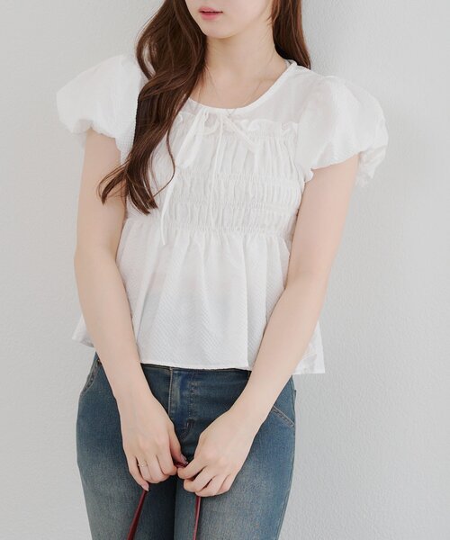 heve ヘイブ シャーリングペプラムブラウス サックス ヴィ