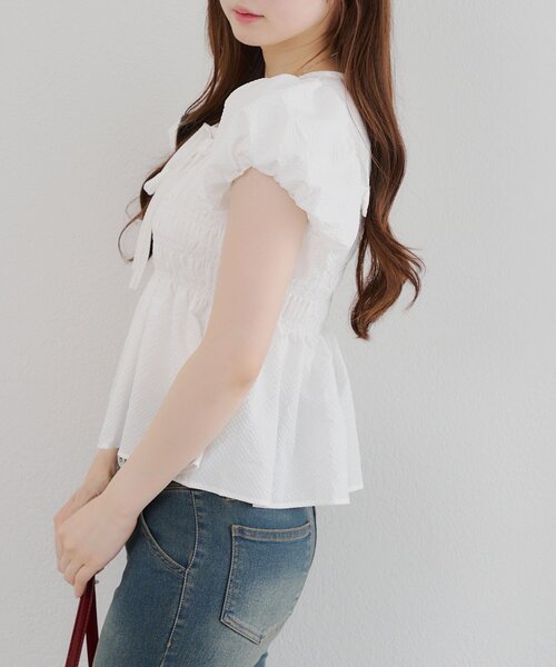 Another Branch olive des olive（アナザーブランチオリーブデオリーブ）の「シャーリングペプラムブラウス（シャツ/ブラウス・レディース・チェック/ブラック/オフホワイト/ドット・FREE）」の6枚目の写真