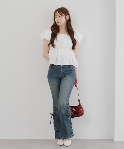 Another Branch olive des olive（アナザーブランチオリーブデオリーブ）の「シャーリングペプラムブラウス（シャツ/ブラウス・レディース・チェック/ブラック/オフホワイト/ドット・FREE）」の5枚目の写真