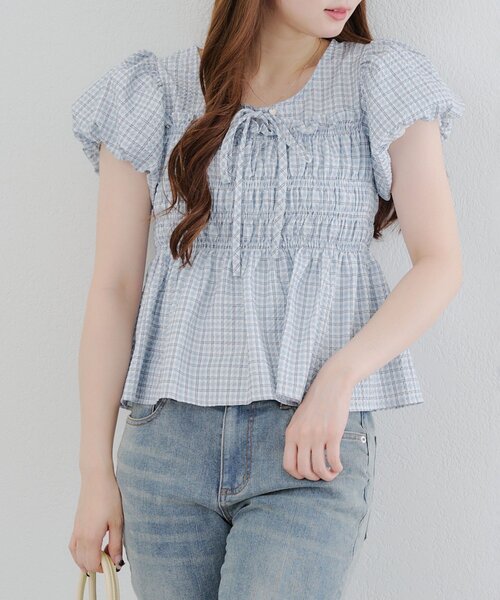 Another Branch olive des olive（アナザーブランチオリーブデオリーブ）の「シャーリングペプラムブラウス（シャツ/ブラウス・レディース・チェック/ブラック/オフホワイト/ドット・FREE）」の20枚目の写真