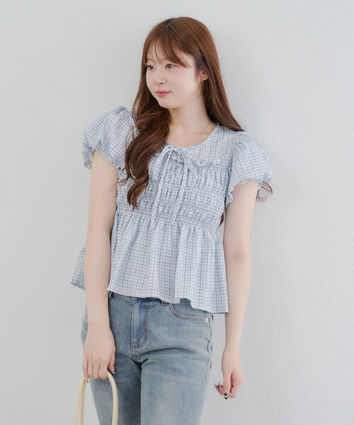 Another Branch olive des olive（アナザーブランチオリーブデオリーブ）の「シャーリングペプラムブラウス（シャツ/ブラウス・レディース・チェック/ブラック/オフホワイト/ドット・FREE）」の19枚目の写真