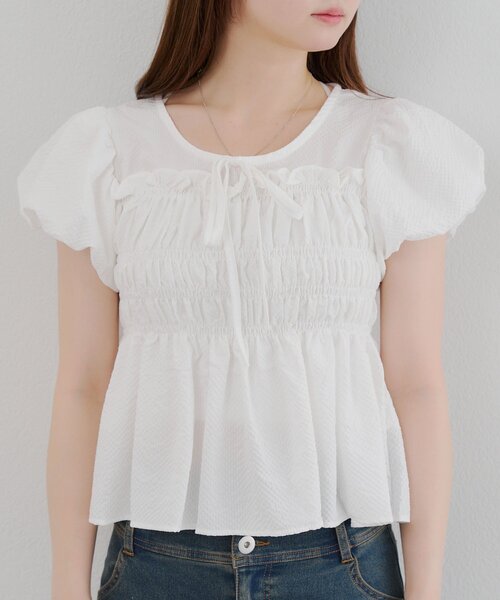 Another Branch olive des olive（アナザーブランチオリーブデオリーブ）の「シャーリングペプラムブラウス（シャツ/ブラウス・レディース・チェック/ブラック/オフホワイト/ドット・FREE）」の15枚目の写真