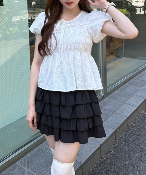 heve ヘイブ シャーリングペプラムブラウス サックス 低 価