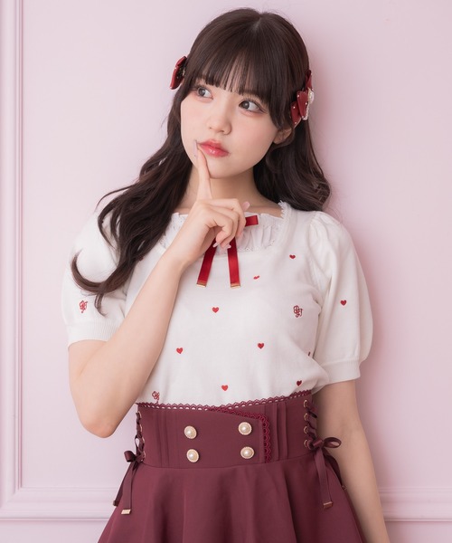 セール】ハート刺繍レイヤード風ニットトップス（ニット