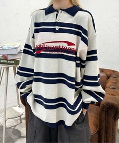 セール】BORDER FRINGE KNIT LONG TOP（ニット/セーター