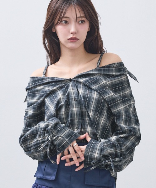 2WAYシャーリングチェックシャツ】オフショルダー用ストラップ付き