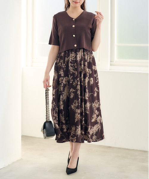 5分袖カーディガン×花柄ワンピースセット（ワンピース）｜12Twelve