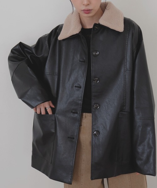 セール】ボア襟フェイクレザーカバーオールジャケット（カバーオール