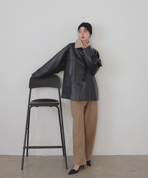 セール】ボア襟フェイクレザーカバーオールジャケット（カバーオール