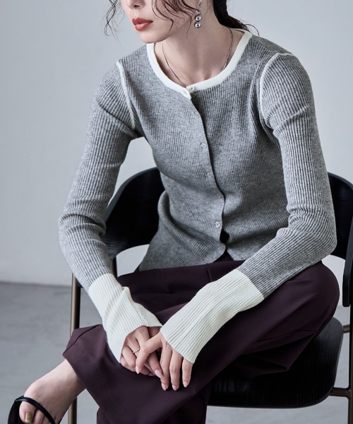 etoll.(エトル)の「アルパカタッチバイカラーニットカーディガン(カーディガン/ボレロ・レディース・アイボリー/チャコール/ブラウン/グレー・FREE)」の1枚目の写真