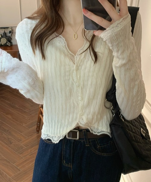 HALEY PESCA（ヘーリーペスカ）の「HALEY PESCA/レースレイヤード　ショートカーディガン（カーディガン/ボレロ・レディース・ピンク/アイボリー・SMALL/MEDIUM）」の3枚目の写真