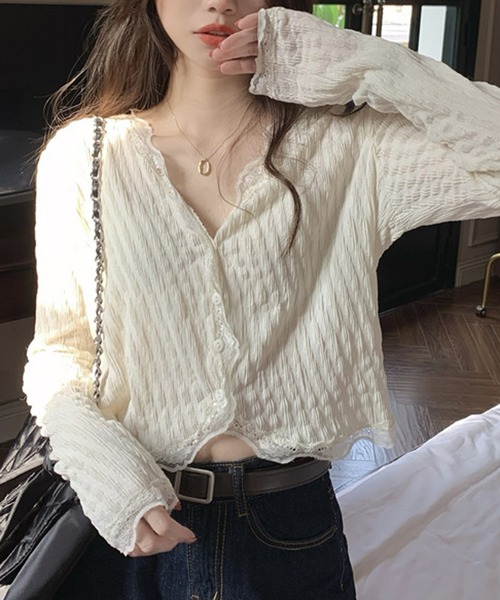 HALEY PESCA（ヘーリーペスカ）の「HALEY PESCA/レースレイヤード　ショートカーディガン（カーディガン/ボレロ・レディース・ピンク/アイボリー・SMALL/MEDIUM）」の4枚目の写真