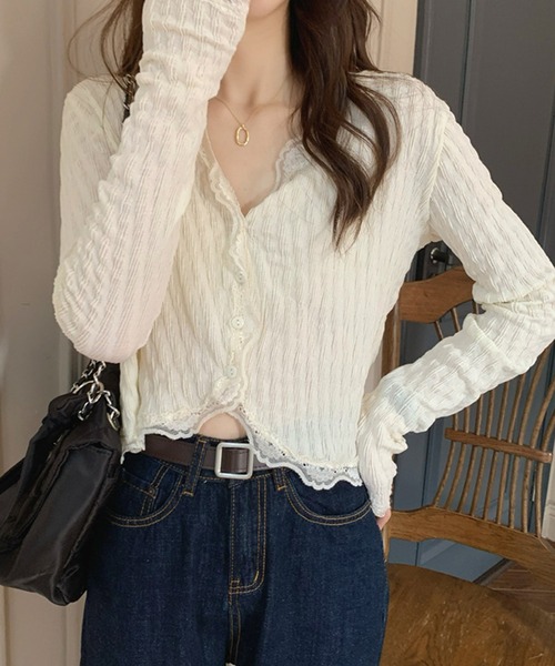 HALEY PESCA（ヘーリーペスカ）の「HALEY PESCA/レースレイヤード　ショートカーディガン（カーディガン/ボレロ・レディース・ピンク/アイボリー・SMALL/MEDIUM）」の5枚目の写真