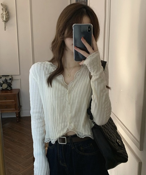 HALEY PESCA（ヘーリーペスカ）の「HALEY PESCA/レースレイヤード　ショートカーディガン（カーディガン/ボレロ・レディース・ピンク/アイボリー・SMALL/MEDIUM）」の6枚目の写真