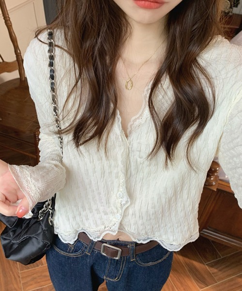 HALEY PESCA（ヘーリーペスカ）の「HALEY PESCA/レースレイヤード　ショートカーディガン（カーディガン/ボレロ・レディース・ピンク/アイボリー・SMALL/MEDIUM）」の7枚目の写真