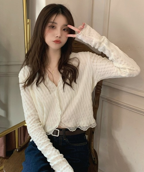 HALEY PESCA（ヘーリーペスカ）の「HALEY PESCA/レースレイヤード　ショートカーディガン（カーディガン/ボレロ・レディース・ピンク/アイボリー・SMALL/MEDIUM）」の8枚目の写真