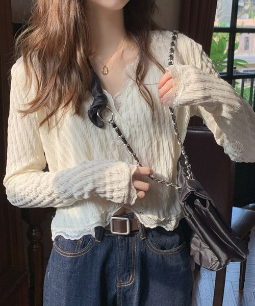 HALEY PESCA（ヘーリーペスカ）の「HALEY PESCA/レースレイヤード　ショートカーディガン（カーディガン/ボレロ・レディース・ピンク/アイボリー・SMALL/MEDIUM）」の9枚目の写真